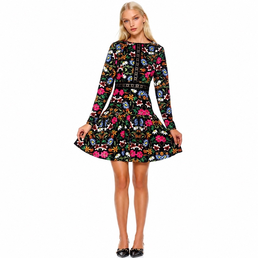 NWT Alexia Admor Floral Print Mini Dress 12 Lace Trim Fit Flare Party Romantic